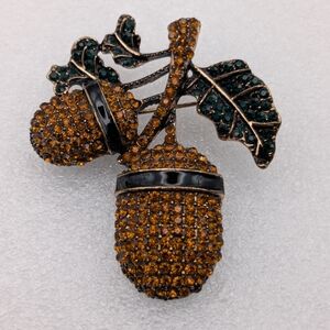 Sparkling Acorn Brooch with Amber and Green Crystals